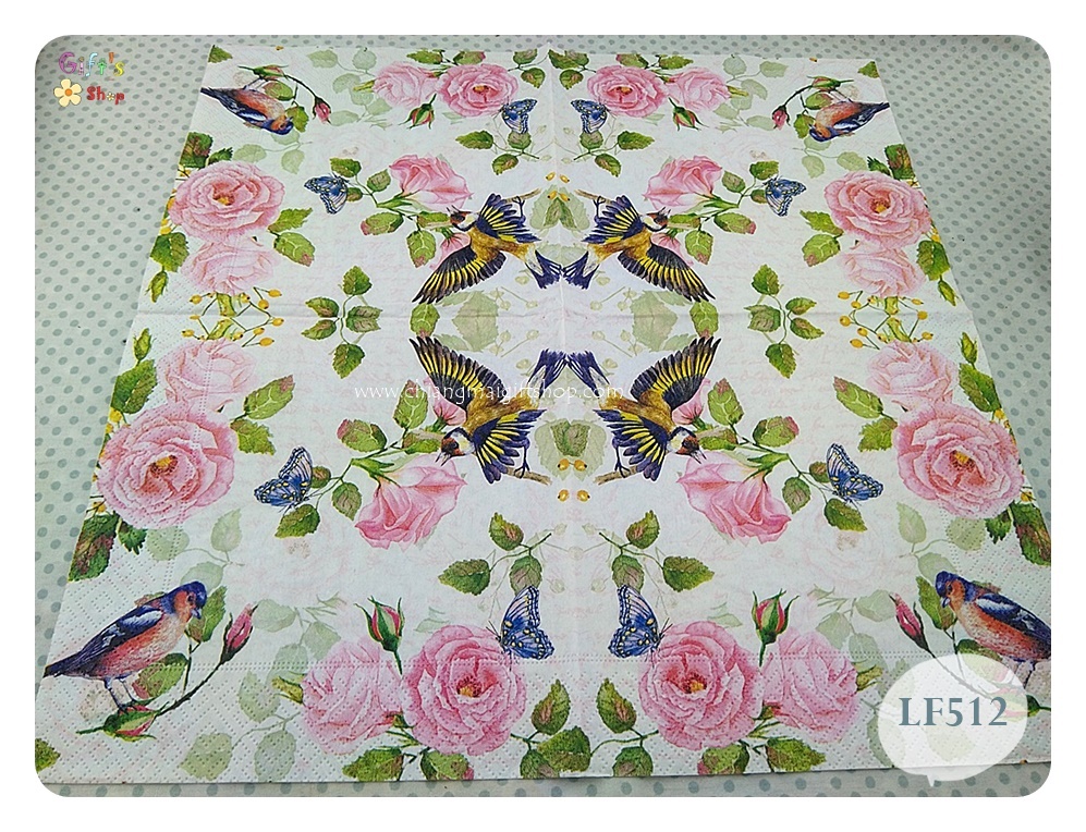 กระดาษแนปกิ้น, ลายดอกกุหลาบ, ลายVintage garden, ลายดอกไม้กับนก, ลายดอกไม้, ลายดอกกุหลาบสีชมพู, ลายนก, พื้นหลังสีอ่อน