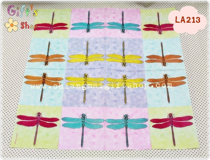 กระดาษแนปกิ้น ลายแมลงปอ สีเหลือง ส้ม ฟ้า ชมพู พื้นหลังสี ม่วง ฟ้า ชมพู เขียว