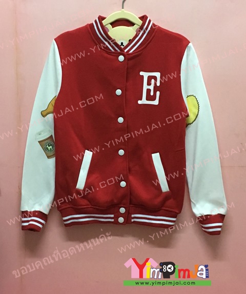เสื้อกันหนาว เบสบอล สีแดง แขนยาวขาว กระดุมขาว ลายตามสั่ง เสื้อห้อง เสื้อรุ่น E