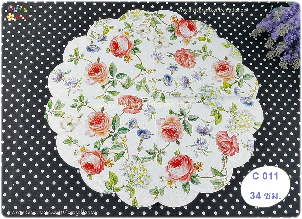 กระดาษแนปกิ้นวงกลม ลายดอกกุหลาบสีชมพู พื้นหลังสีขาว