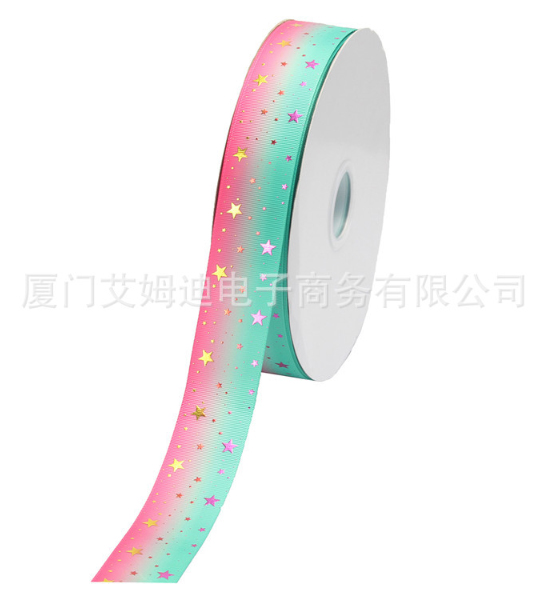 ริบบิ้นผ้าพิมพ์ลายสีรุ้ง ติดกลิตเดตอร์ดาว กว้าง 38 mm มี 5 แบบให้เลือก #BB11