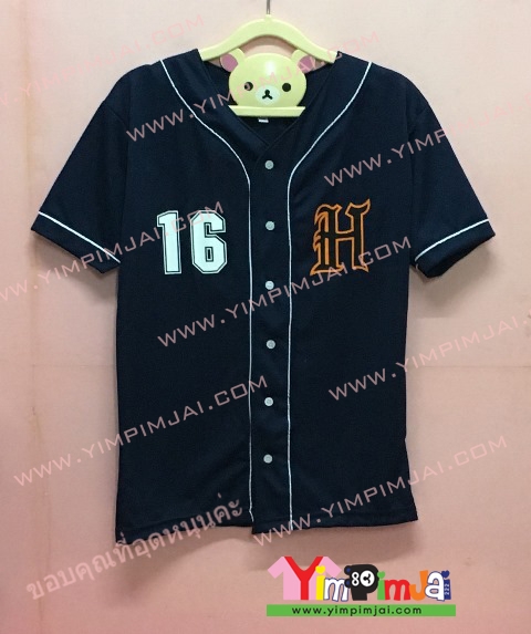 เสื้อเบสบอล สีดำ แขนสั้น มีกระดุม สกรีนตามสั่ง 16 14 15 H 94.25 HANSA WAVE