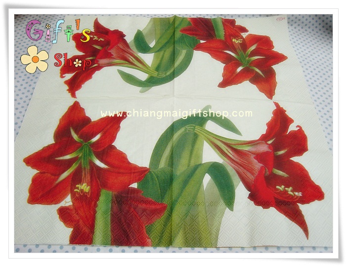 กระดาษแนปกิ้น ลายดอกไม้สีแดง พื้นหลังสีขาว