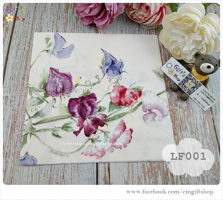 กระดาษแนปกิ้นยุโรป, ลายดอกไม้เลื้อย, ลายดอกไม้หลายสี, ลายดอกไม้สีม่วง, ลายดอกไม้เลื้อยหลายสี, ลายดอกไม้สีน้ำ, พื้นหลังสีขาวครีม, พื้นหลังสีขาว, พื้นหลังสีอ่อน, ลายดอกไม้โทนสีม่วง