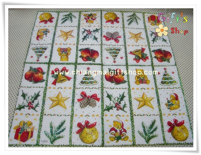 กระดาษแนปกิ้นยุโรป, ลายตุ๊กตาหมี, ลายกล่องของขวัญ, ลายคริสต์มาส, ลายดาว, ลายกระดิ่ง, ลายต้นสน, ลายลูกฮอลลี่สีแดง, ลายมิสเซิลโท, พื้นหลังสีขาว, ลายเป็นช่อง, ลายเล็กๆ