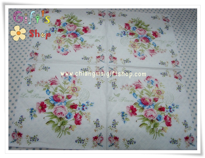 กระดาษแนปกิ้น ลายดอกไม้สีแดง ฟ้า เหลือง พื้นหลังสีขาว