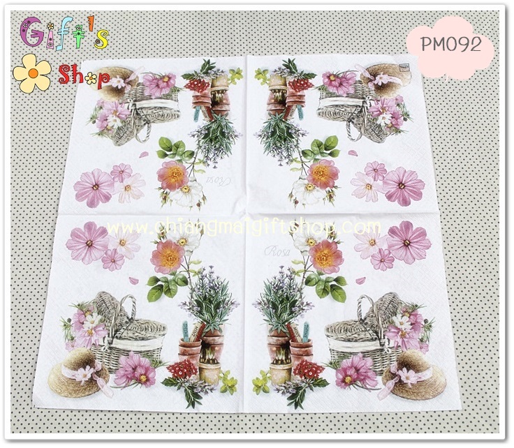 กระดาษแนปกิ้น, ลายดอกไม้, ลายตระกร้าจากวัสดุธรรมชาติ, ลายหมวก, พื้นหลังสีขาว, ลายดอกไม้สีชมพู, ลายดอกไม้สีม่วง, ลายดอกลาเวนเดอร์
