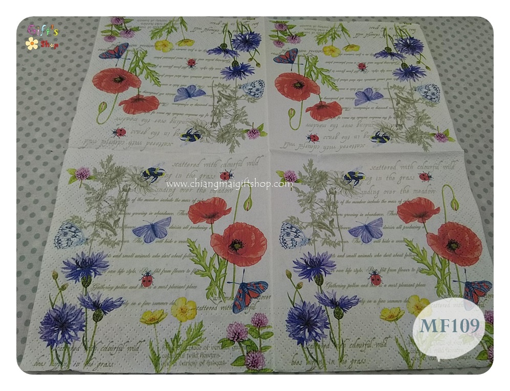 กระดาษแนปกิ้น ลายvintage summer, ลายวินเทจซัมเมอร์, ลายดอกไม้, ลายดอกไม้หลายสี, ลายดอกไม้บนพื้นหลังตัวอักษรภาษาอังกฤษ, ลายดอกไม้หลายชนิด, ลายตัวอักษรภาษาอังกฤษ, พื้นหลังสีขาว