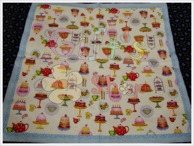 กระดาษแนปกิ้น ลายขนมเค้กขอบสีฟ้า