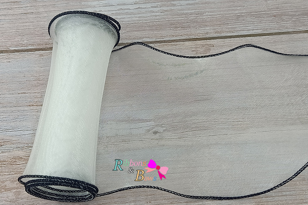 ริบบิ้นผ้าเย็บขอบสีดำ ผ้าไหมแก้ว ขนาด 10 ซม. (ขายเป็นหลา)