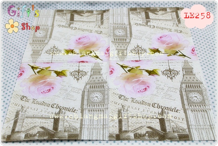 กระดาษแนปกิ้นยุโรป ลายหอนาฬิกาบิ๊กเบน, ลายหอนาฬิกาประเทศอังกฤษ, ลายดอกกุหลาบสีชมพู, ลายหอนาฬิกา, ลายสะพาน, ลายเกี่ยวกับประเทศอังกฤษ,พื้นหลังสีครีม