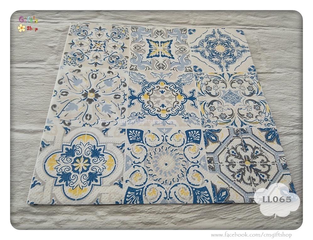 กระดาษแนปกิ้น ลายกระเบื้องแผ่นเล็กๆ โทนน้ำเงินขาว, ลายCasa Decor Blue, ลายโทนน้ำเงินขาว, ลายกระเบื้อง, ลายกระเบื้องโบราณ, ลายคราม
