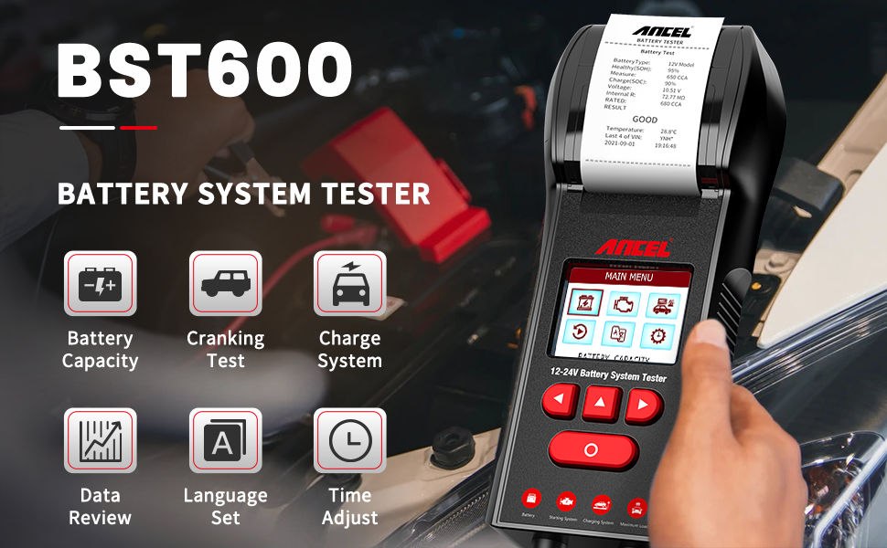 ANCEL BST600 Battery Tester with Printer 12V/24V 100-2000 CCA