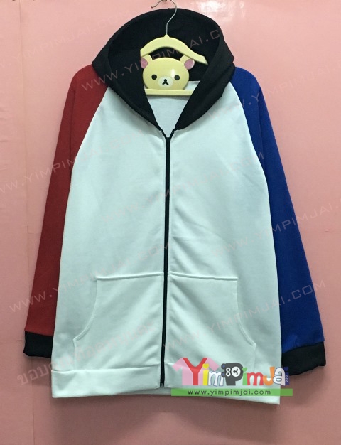 เสื้อฮู้ดสั่งตัดต่อสีแขนขวาแดง แขนซ้ายน้ำเงิน หมวกดำ 1 ตัวก็ทำ