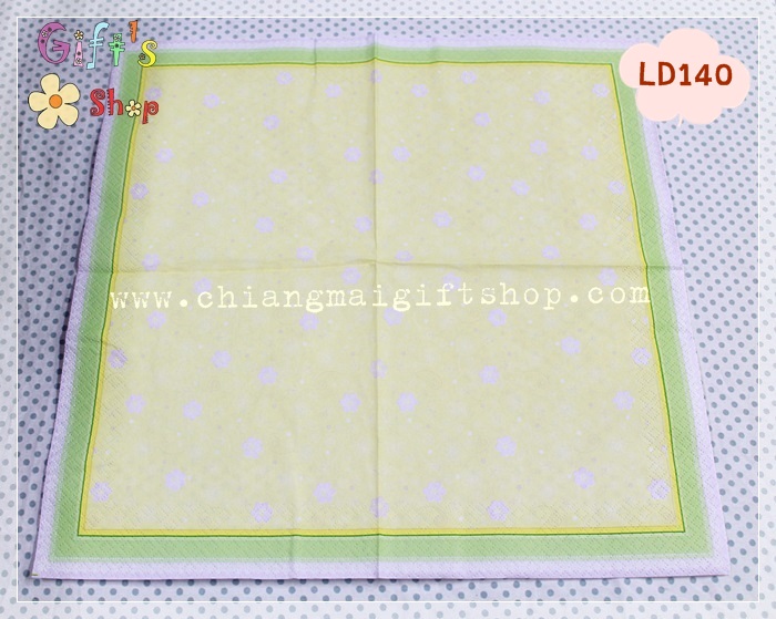 กระดาษแนปกิ้น ลายดอกไม้สีม่วง พื้นหลังสีเหลือง ขอบสีเขียว ม่วง