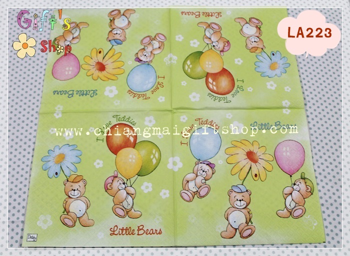 กระดาษแนปกิ้น ลายหมีถือลูกโป่ง ดอกไม้ พื้นหลังสีเขียว