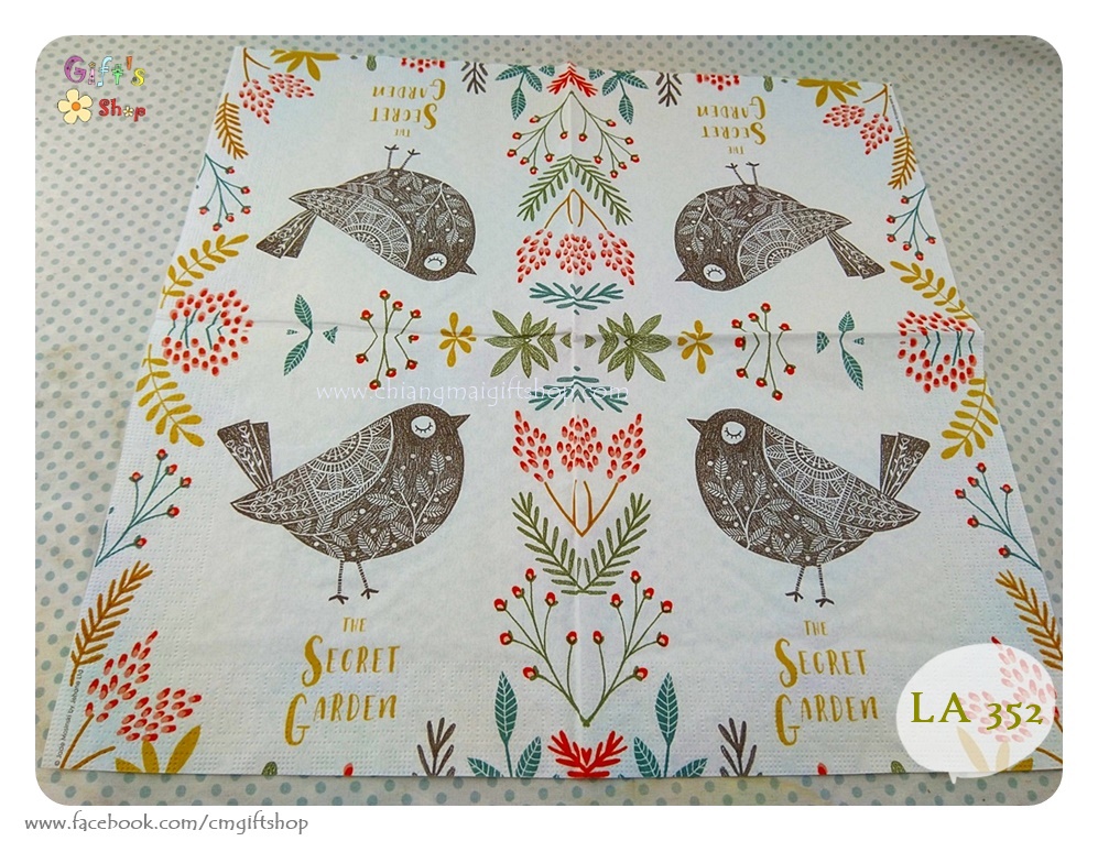 กระดาษแนปกิ้น ลายSecret Garden, ลายนก, ลายนกในสวน, ลายนกตัวใหญ่, ลายนกลายเส้น, ลายดอกไม้เล็กๆ, ลายใบไม้เล็กๆ, พื้นหลังสีขาว