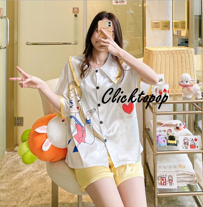 ชุดนอนผ้าซาติน ใส่สบาย เสื้อ+กางเกงขาสั้น เเบบสไตล์เกาหลี น่ารัก