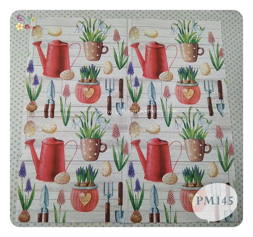 กระดาษแนปกิ้น ลายHello spring, ลายทำสวน, ลายฤดูใบไม้ผลิ, ลายปลูกต้นไม้, ลายอุปกรณ์ทำสวน, ลายบัวรดน้ำ, ลายบัวรดน้ำสีแดง, ลายกระถาง, ลายช้อนปลูก, ลายดอกไม้ในกระถาง, ลายกรรไกรตัดต้นไม้