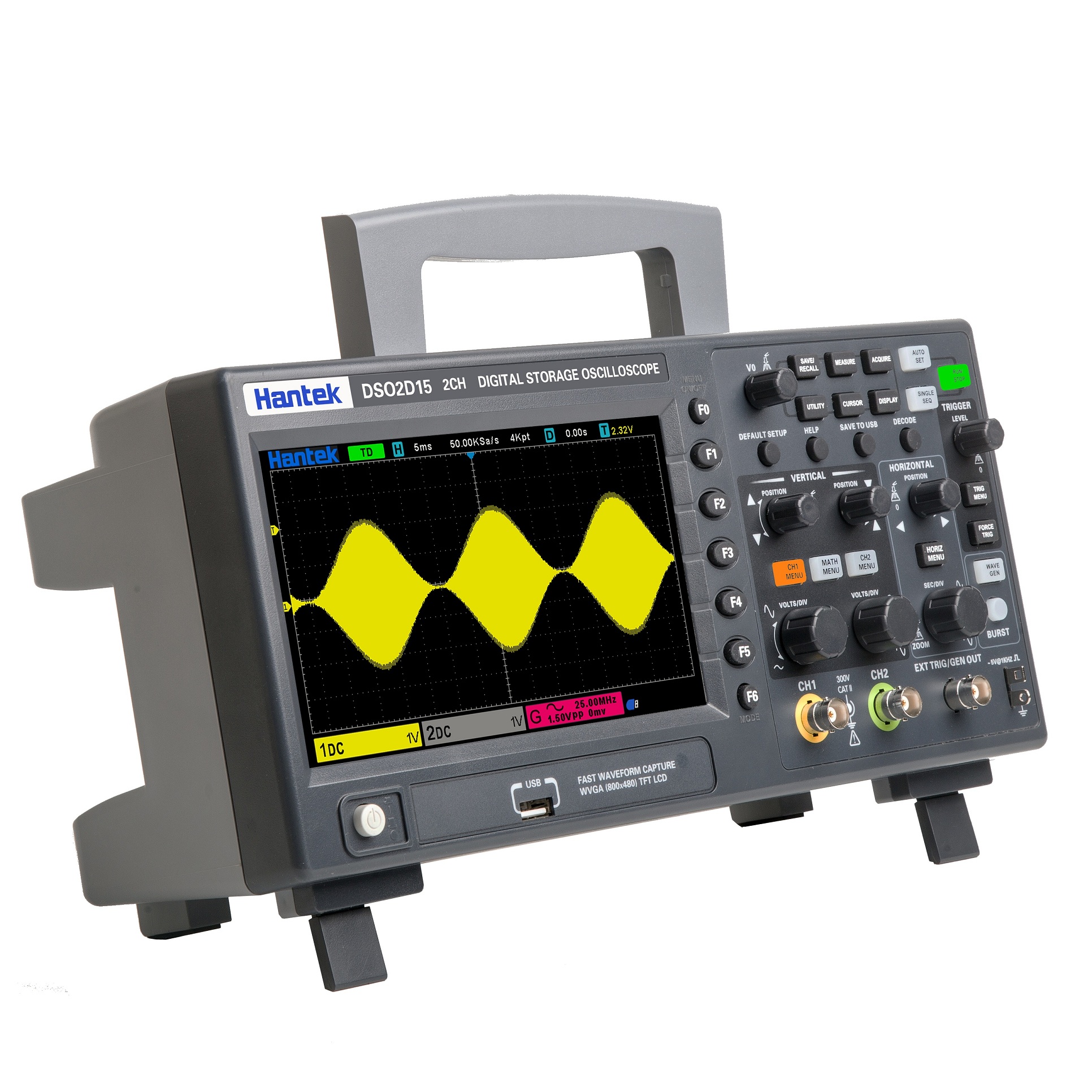 Hantek DSO2D15 Digital Ossilloscope+Function Generator 2CH 150MHz 1GSa/s, 8MHz memory depth + 1 CH 25MHz Arbitrary function generator