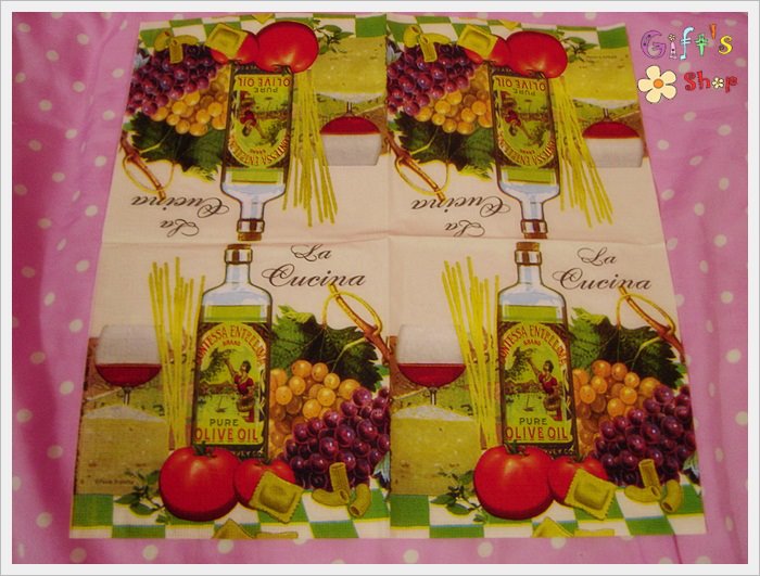 กระดาษแนปกิ้น ลายน้ำมันมะกอก olive oil, ลายองุ่น, ลายมะเขือเทศ, อาหารอิตาเลียน