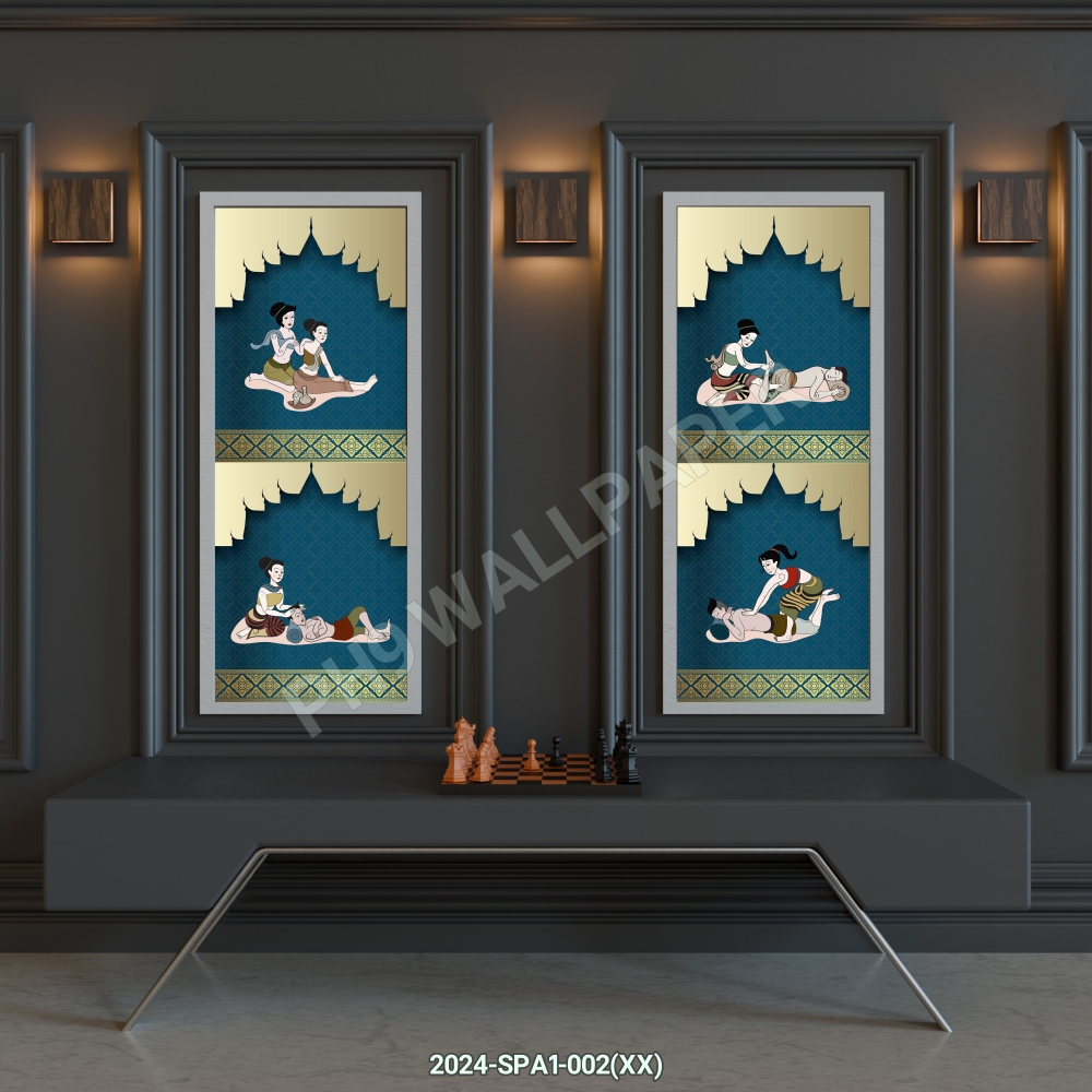 สติ๊กเกอร์ชุดภาพกราฟฟิคท่านวด-สปาไทย ตกแต่งด้วยพื้นหลังลายไทย สวยงาม ST-2024-SPA1-002(60x80cm)