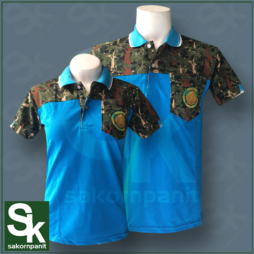 โปโล สีฟ้าน้ำทะเล ต่อบ่าลายพราง ปกขลิบฟ้าอ่อน /ป่าไม้ ผ้ารุ่น 1