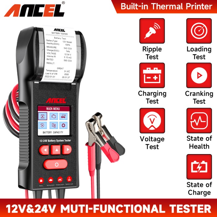 ANCEL BST600 Battery Tester with Printer 12V/24V 100-2000 CCA