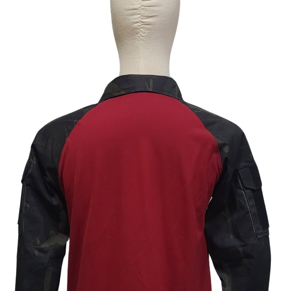 เสื้อฟาติกแดงแขนยาวลายพรางดำ(อุทยาน)