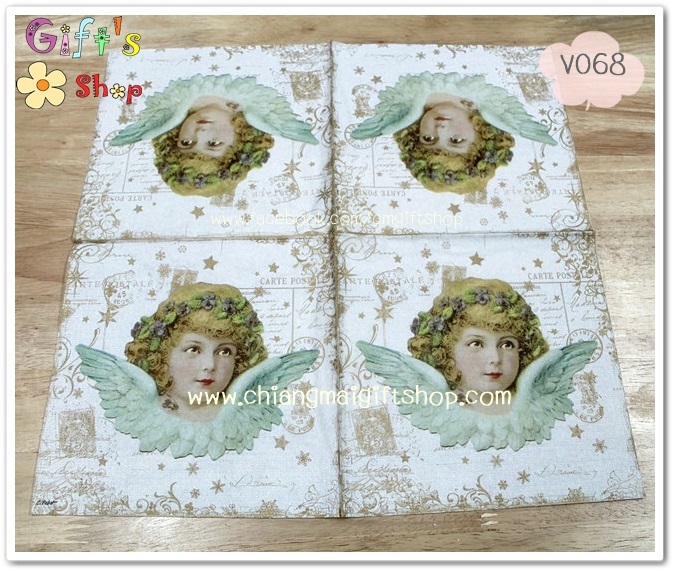 กระดาษแนปกิ้น ลายกามเทพ พื้นหลังลายวินเทจสีทอง พื้นหลังสีขาว