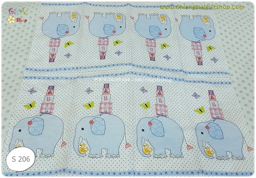 กระดาษแนปกิ้นยุโรป, ลายช้าง, ลายช้างสีฟ้า, ลายช้างแบกกล่องของขวัญ 4 กล่อง, ลายเป็ดเหลือง, ผีเสื้อ, 1 แผ่นมีรูปช้าง 8 รูป, พื้นหลังสีขาวลายจุด