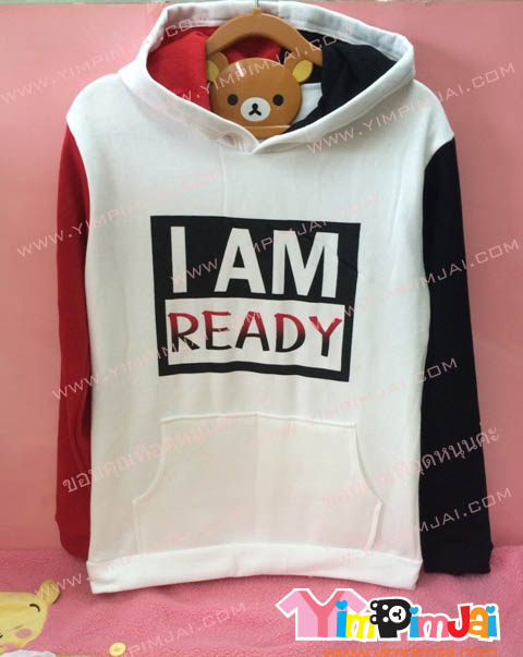 เสื้อกันหนาว สีขาว แขนดำข้างแดงข้าง หมวกก็เช่นกัน แขนยาว สกรีนตามสั่ง I'm Ready