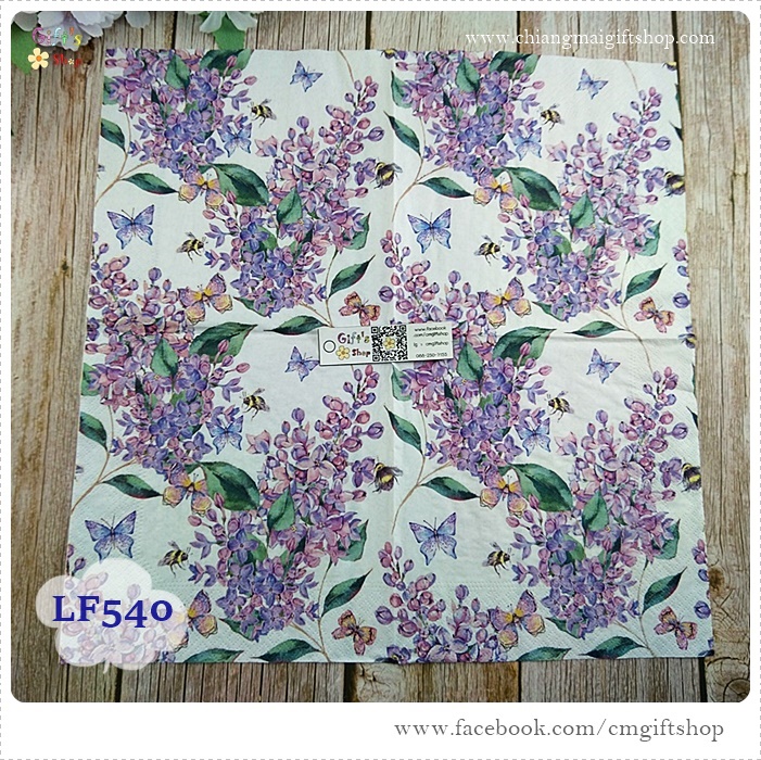 กระดาษแนปกิ้นยุโรป ,ลายดอกไม้สีม่วง, ลายดอกไม้โทนสีม่วง, ลายดอกไลแลค, ลายดอกไม้กับผึ้ง, พื้นหลังสีขาว, ลายLilac dream, ลายผีเสื้อ, ลายผึ้ง, ลายเต็มผืน