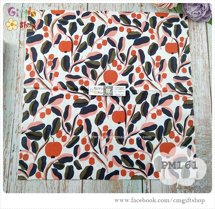 กระดาษแนปกิ้นยุโรป, ลายดอกไม้, ลายJASPL white rose, ลายของ marimekko, ผลไม้สีแดงกับใบไม้, พื้นหลังสีขาว