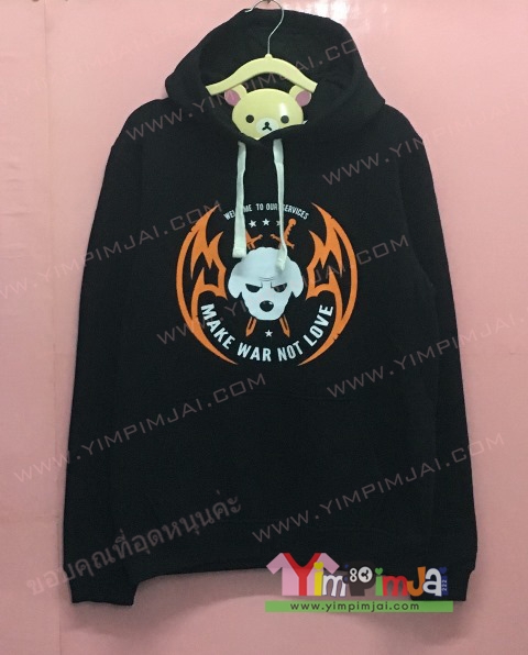เสื้อฮู้ต เสื้อกันหนาว เสื้อรุ่น สีดำ แขนยาว หมวก ไร้ซิป เชือกขาว มีกระเป๋า สกรีนตามสั่ง MAKE WAR NOT LOVE DEIL EST 2012