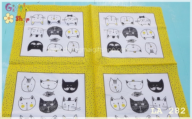 กระดาษแนปกิ้น ลายแมว ปลา พื้นหลังสีขาว ขอบเหลืองจุดดำ