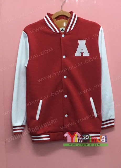 เสื้อกันหนาว เบสบอล สีแดง แขนยาวขาว กระดุมขาว มีกระเป๋า สกรีนตามสั่ง A