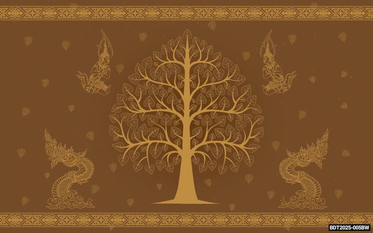 วอลเปเปอร์ภาพพิมพ์ ต้นโพธิ์-เทวดา-พญานาค ดีไซน์ใหม่ล่าสุด สีน้ำตาล CV-BDT2025BW