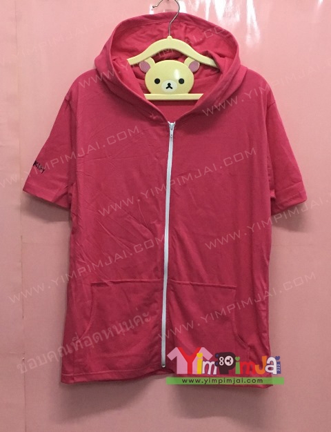 เสื้อฮู้ด สีชมพู แขนสั้น หมวก ซิปขาว มีกระเป๋า สกรีนตามสั่ง เสื้อเปล่า