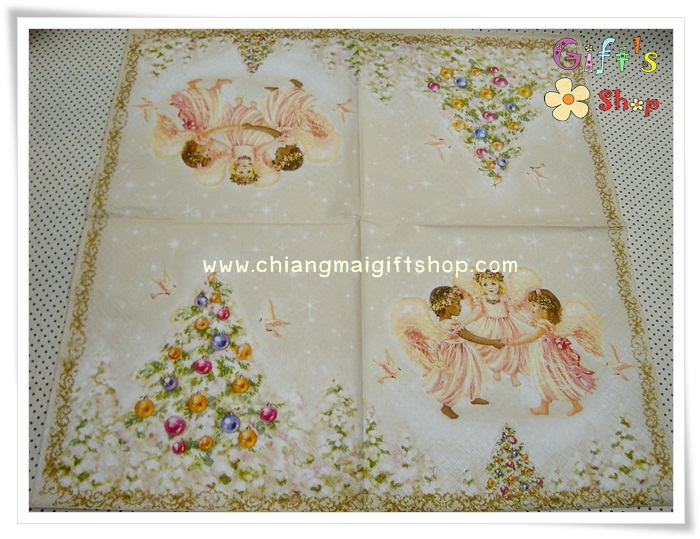 กระดาษแนปกิ้น ลายเทวดา นางฟ้าตัวน้อย พื้นหลังสีครีมน้ำตาลอ่อน ขอบลายลูกไม้