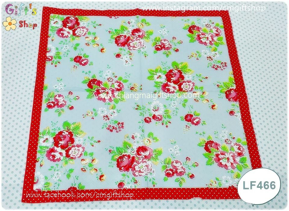 กระดาษแนปกิ้นยุโรป, ลายดอกกุหลาบ, ลายดอกไม้สีแดง, ลายดอกไม้สีฟ้า, พื้นหลังสีฟ้าอมเทาเข้ม, ขอบลายจุดขาวพื้นแดง, ลายของ Cath kidston