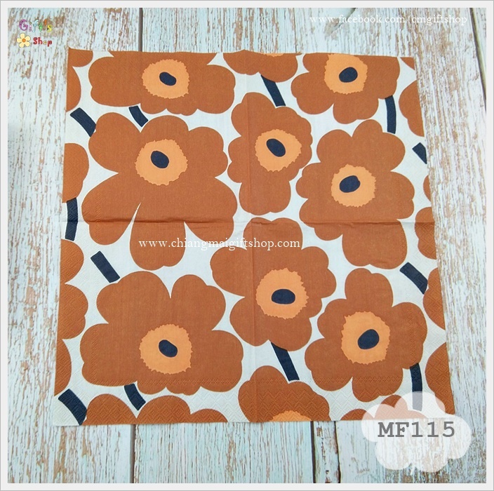 กระดาษแนปกิ้น ลายUNIKKO terracotta ลายดอกไม้ ลายของ marimekko ลายดอกไม้สีน้ำตาล น้ำตาลส้ม สีอิฐ ก้านและเกสรสีดำ พื้นหลังสีครีม