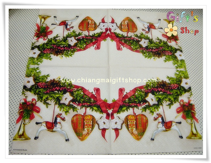 กระดาษแนปกิ้นยุโรป, ลายมิสเซิลโท, ลายม้า, ลายม้าหมุน, ลายหัวใจ, ลายดาว, ลายคุ๊กกี้, ลายคริสต์มาส, ลายเทศกาล, พื้นหลังสีอ่อน