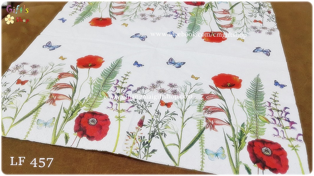 กระดาษแนปกิ้น ลายดอกไม้สีแดงสด ม่วงขาว เฟิร์นสีเขียว ผีเสื้อเล็กหลายตัว ฤดูใบไม้ผลิ spring พื้นหลังสีขาว