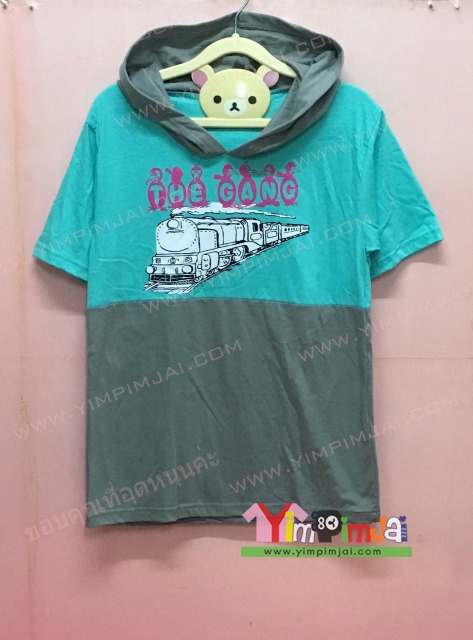 เสื้อฮู้ดผ้าคอตตอน สีครึ่งบนฟ้าครึ่งล่างเทา หมวกเทา แขนสั้น สกรีนตามสั่ง Tha Gang