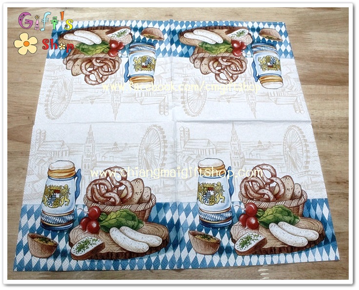กระดาษแนปกิ้นยุโรป, ลายขนมปังฝรั่งเศสบนเขียงไม้กับเครื่องเคียง, พื้นหลังสีขาวสลับน้ำเงิน, ลายเยอรมัน