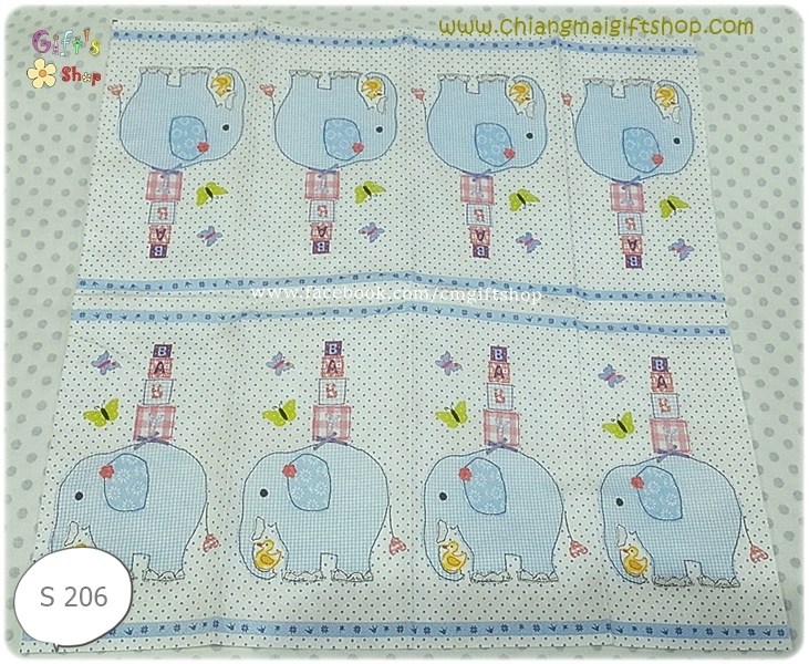 กระดาษแนปกิ้นยุโรป, ลายช้าง, ลายช้างสีฟ้า, ลายช้างแบกกล่องของขวัญ 4 กล่อง, ลายเป็ดเหลือง, ผีเสื้อ, 1 แผ่นมีรูปช้าง 8 รูป, พื้นหลังสีขาวลายจุด