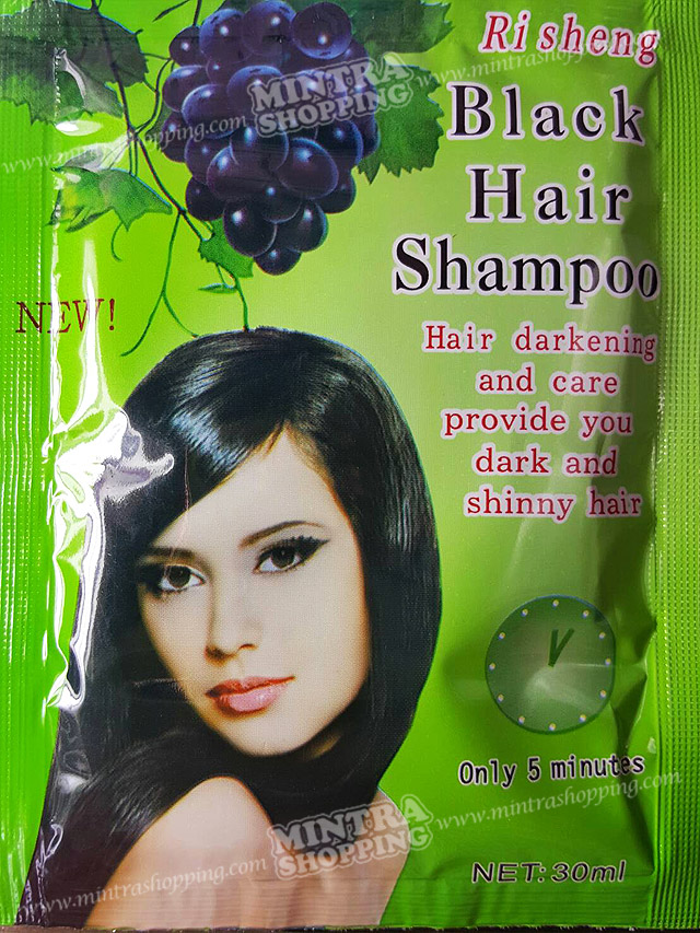 แชมพูย้อมผม Ri Sheng สูตรองุ่น สมุนไพรเปลี่ยนสีผม ปิดผมขาว - สีดำ Black Hair Darkening Shampoo