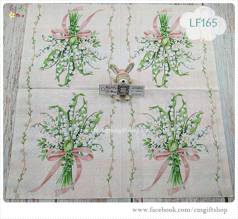 กระดาษแนปกิ้นยุโรป, ขนาด 33*33 ซม., ลายช่อดอกระฆังแก้ว, ลายช่อดอกทิงเกอร์เบลล์, ลายช่อดอกไม้สีขาวผูกโบว์, พื้นหลังสีชมพูโอลด์โรสอ่อน, ขอบลายใบไม้, พื้นหลังสีอ่อน