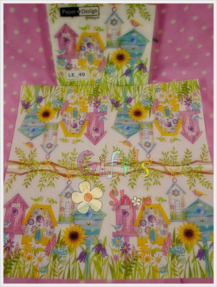 กระดาษแนปกิ้น ลายบ้านนกแฟนซี พื้นหลังสีขาว